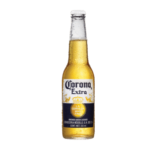 Botella de vidrio de Cerveza Corona Extra 330 ml con condensación, etiqueta blanca y azul.