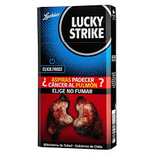 Cajetilla Lucky Strike Click Frost (20 unidades) con advertencia sanitaria de Chile